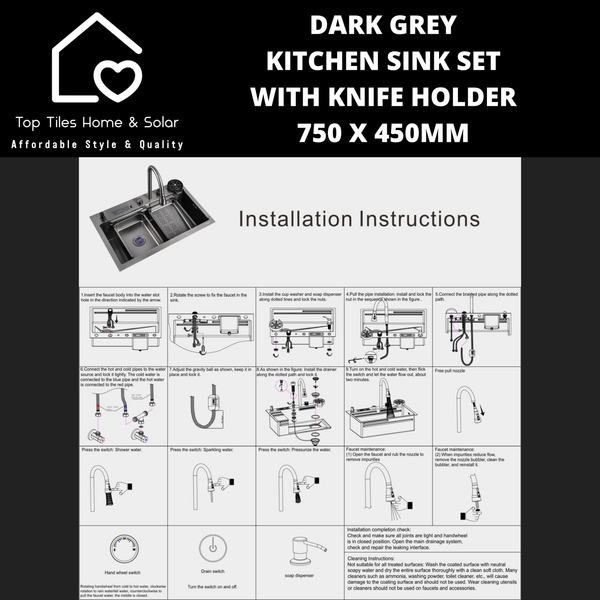 Dark Grey Kitchen Sink Set with Knife Holder - 750 x 450mm