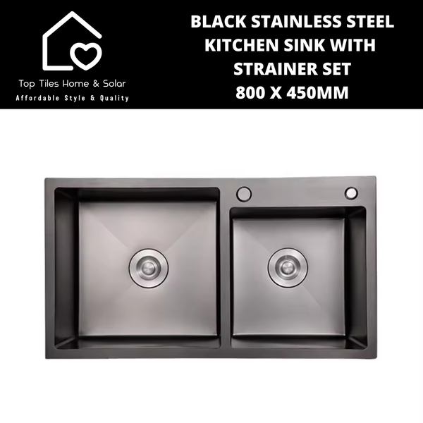 Black Stainless Steel Kitchen Sink with Strainer Set - 800 x 450mm