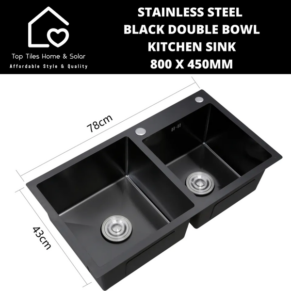 Stainless Steel Black Double Bowl Kitchen Sink - 800 x 450mm