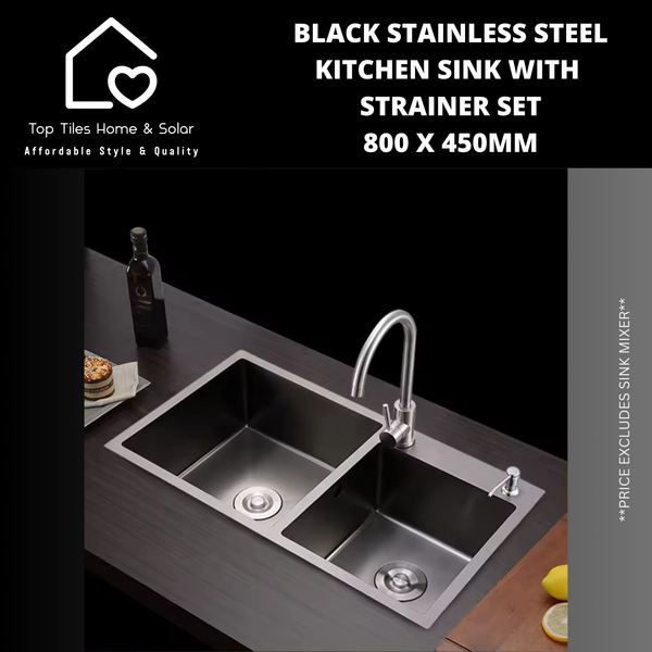 Black Stainless Steel Kitchen Sink with Strainer Set - 800 x 450mm