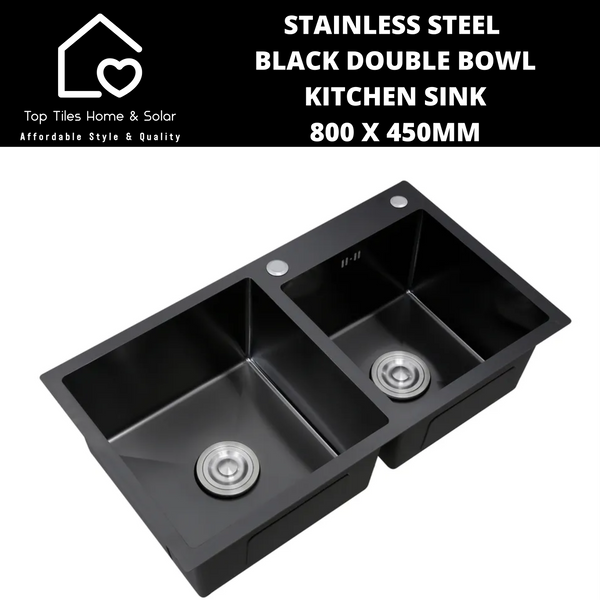 Stainless Steel Black Double Bowl Kitchen Sink - 800 x 450mm