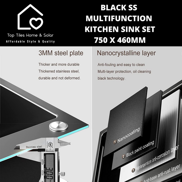 Black Stainless Steel Multifunction Kitchen Sink Set - 750 x 460mm