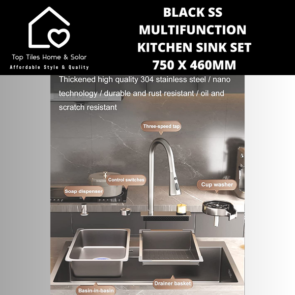 Black Stainless Steel Multifunction Kitchen Sink Set - 750 x 460mm