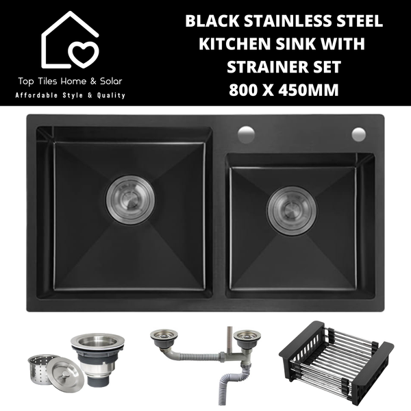 Black Stainless Steel Kitchen Sink with Strainer Set - 800 x 450mm