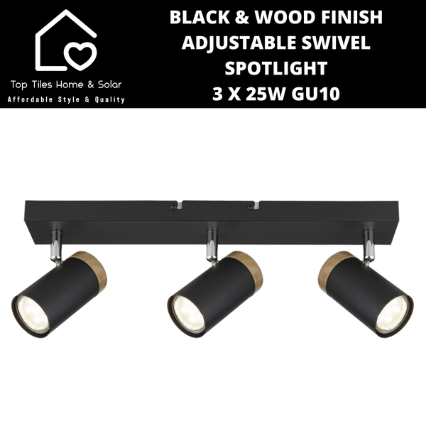 Black & Wood Finish Adjustable Swivel Spotlight - 3 x 25W GU10