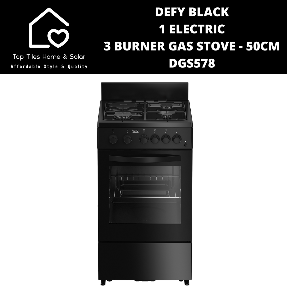 Defy Black 1 Electric 3 Burner Gas Stove 50cm DGS578 Top Tiles Home Solar