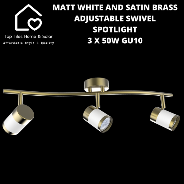 Matt White and Satin Brass Adjustable Swivel Spotlight - 3 x 50W GU10