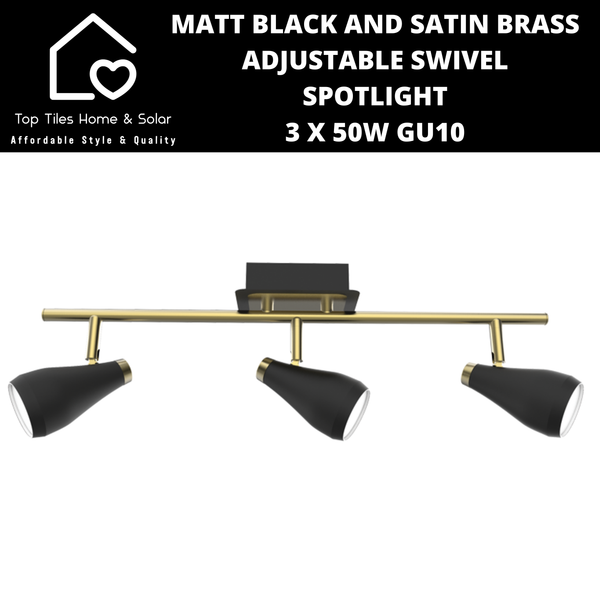 Matt Black and Satin Brass Adjustable Swivel Spotlight - 3 x 50W GU10