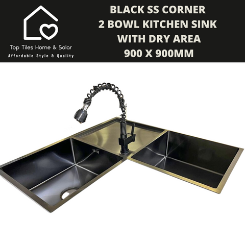 Black SS Corner 2 Bowl Kitchen Sink with Dry Area - 900 x 900mm