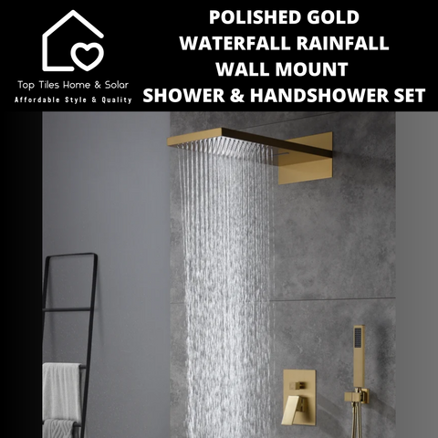 Polished Gold Waterfall Rainfall Wall Mount Shower & Handshower Set