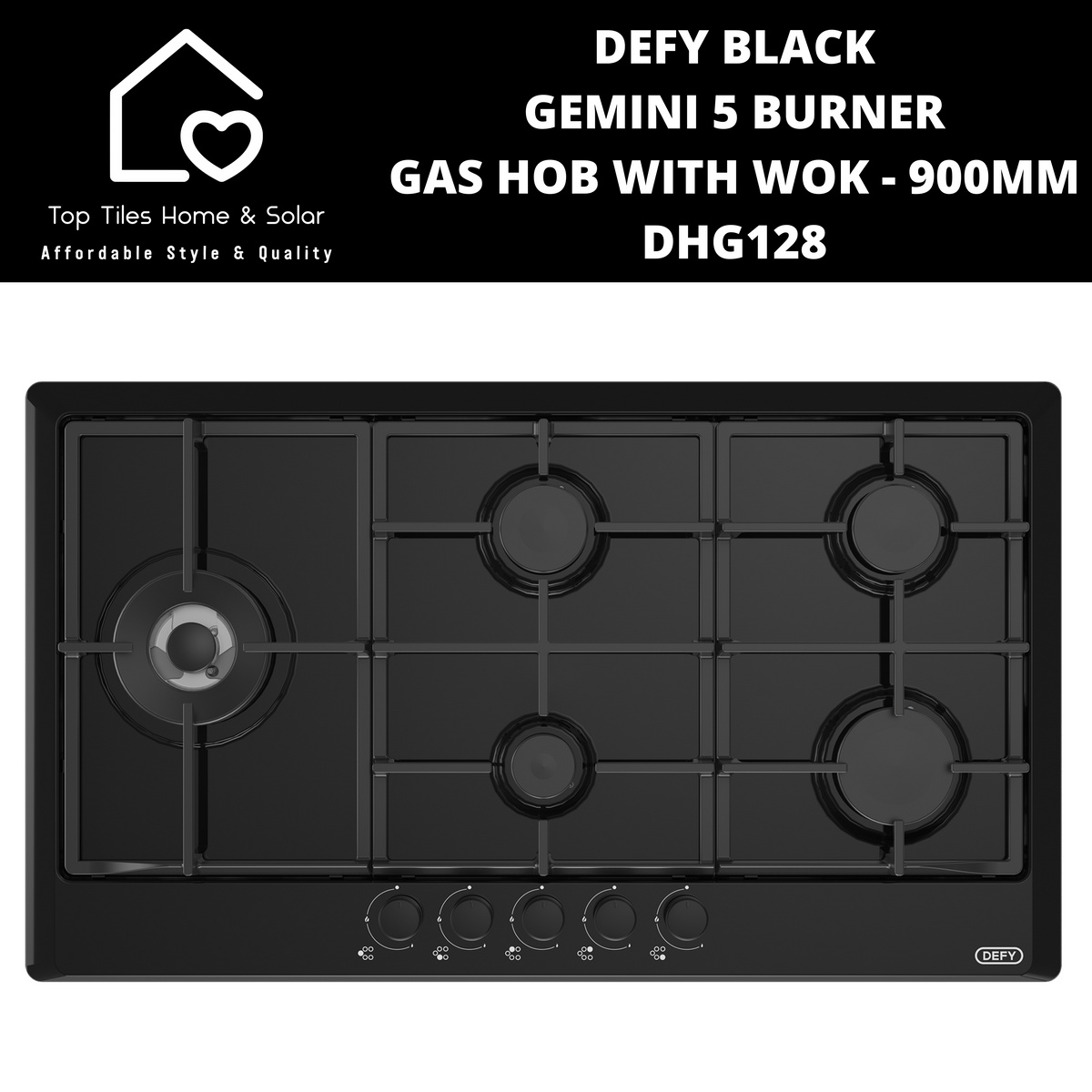 Defy Black Gemini 5 Burner Gas Hob With Wok - 90cm DHG128 – Top