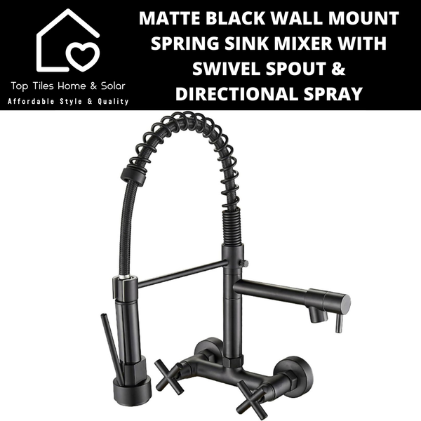 Matte Black Wall Mount Spring Sink Mixer with Swivel Spout & Directional Spray