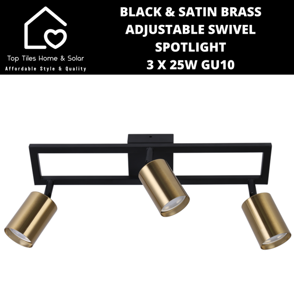 Black & Satin Brass Adjustable Swivel Spotlight - 3 x 25W GU10