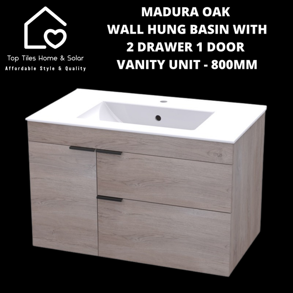 Madura Oak Wall Hung Basin With 2 Drawer 1 Door Vanity - 800mm