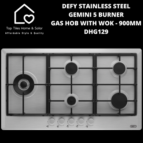 Defy Stainless Steel Gemini 5 Burner Gas Hob With Wok - 900mm DHG129