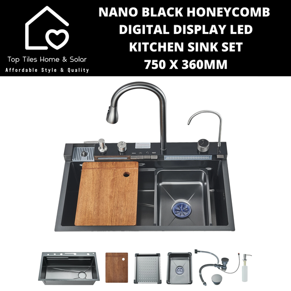 Nano Black Honeycomb Digital Display LED Smart Kitchen Sink Set - 750 x 360mm