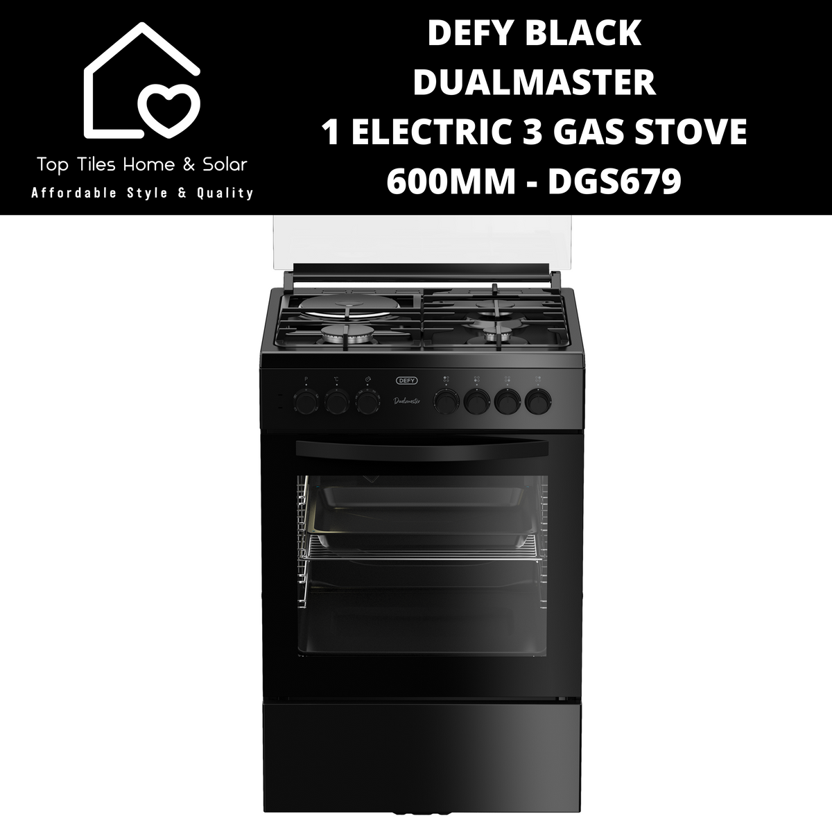 Defy Black DualMaster 1 Electric 3 Gas Stove 600mm DGS679 Top Tiles