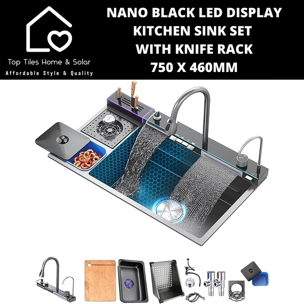 Nano Black LED Smart Display Kitchen Sink Set with Knife Rack - 750 x 460mm
