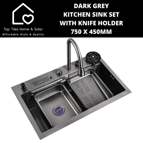 Dark Grey Kitchen Sink Set with Knife Holder - 750 x 450mm