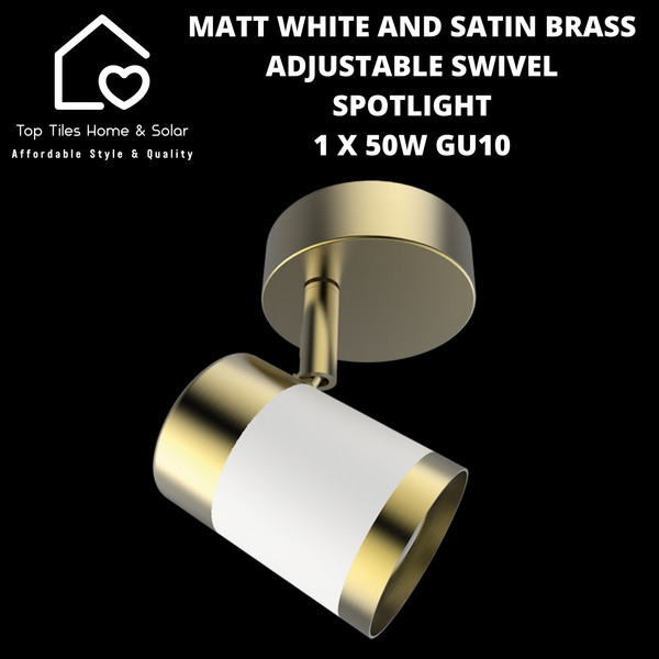 Matt White and Satin Brass Adjustable Swivel Spotlight - 1 x 50W GU10