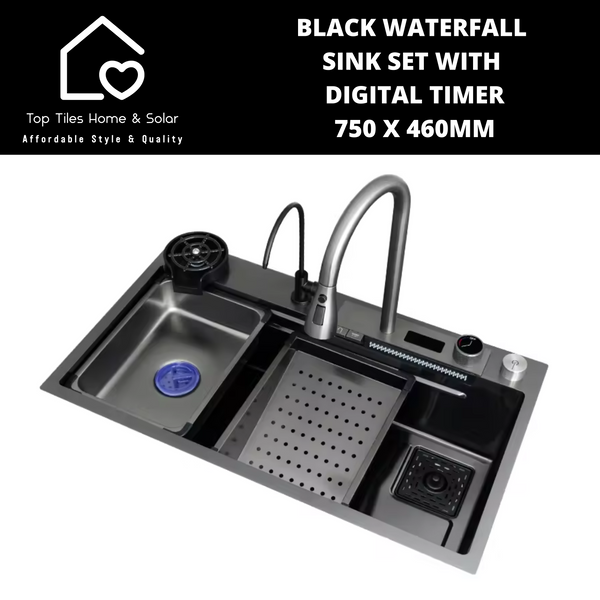 Black Stainless Steel Digital Waterfall Smart Kitchen Sink Set - 750 x 460mm