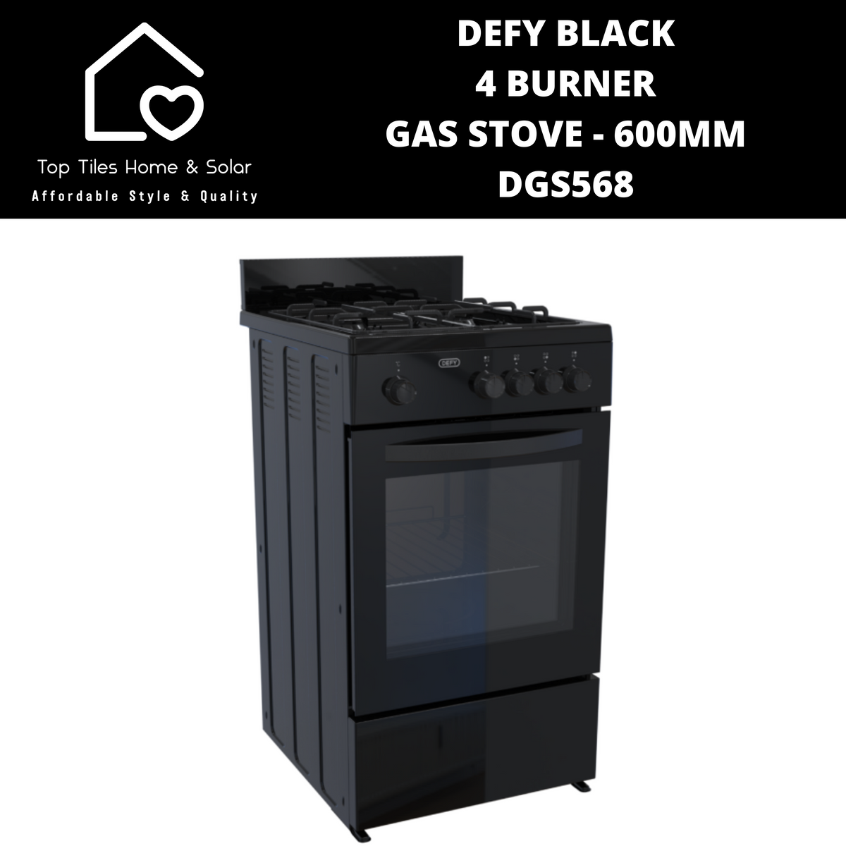 Defy Black 4 Burner Gas Stove 600mm DGS568 Top Tiles Home & Solar