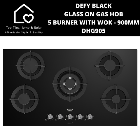 Defy Black Glass on Gas Hob 5 Burner With Wok - 900mm DHG905