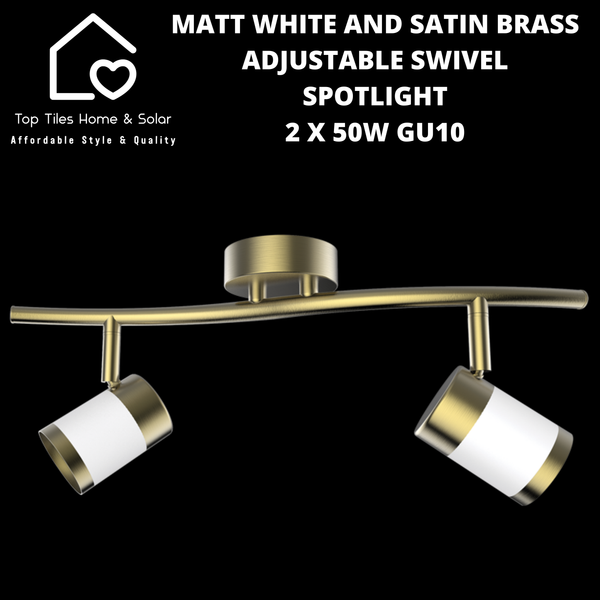 Matt White and Satin Brass Adjustable Swivel Spotlight - 2 x 50W GU10