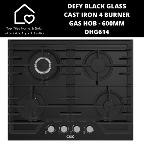 Defy Black Glass Cast Iron 4 Burner Gas Hob - 600mm DHG614