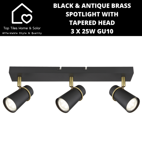 Black & Antique Brass Spotlight with Tapered Head - 3 x 25W GU10
