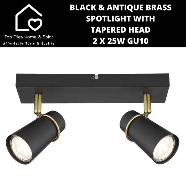 Black & Antique Brass Spotlight with Tapered Head - 2 x 25W GU10