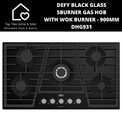 Defy Black Glass 5Burner Gas Hob With Wok Burner - 900mm DHG931