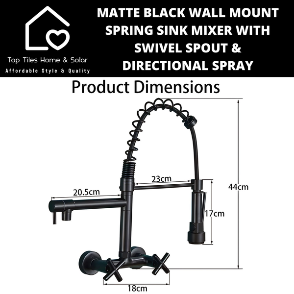 Matte Black Wall Mount Spring Sink Mixer with Swivel Spout & Directional Spray