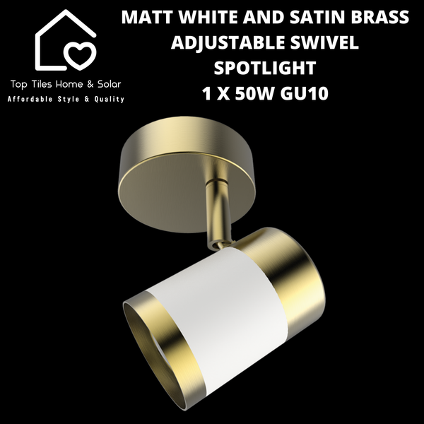 Matt White and Satin Brass Adjustable Swivel Spotlight - 1 x 50W GU10