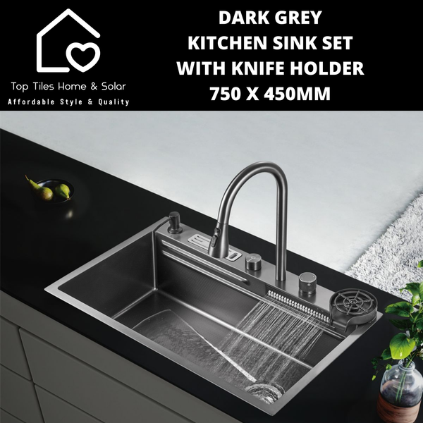 Dark Grey Kitchen Sink Set with Knife Holder - 750 x 450mm