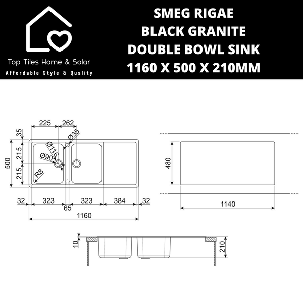Smeg Rigae Black Granite Double Bowl Sink - 1160 x 500 x 210mm