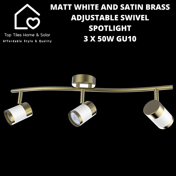 Matt White and Satin Brass Adjustable Swivel Spotlight - 3 x 50W GU10