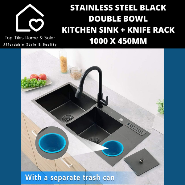 Stainless Steel Black Double Bowl Kitchen Sink - 1000 x 450mm