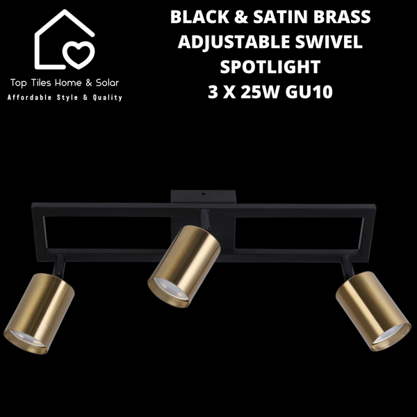 Black & Satin Brass Adjustable Swivel Spotlight - 3 x 25W GU10
