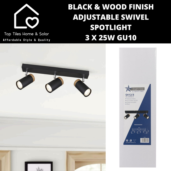 Black & Wood Finish Adjustable Swivel Spotlight - 3 x 25W GU10