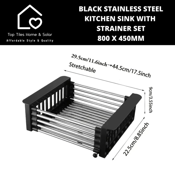 Black Stainless Steel Kitchen Sink with Strainer Set - 800 x 450mm