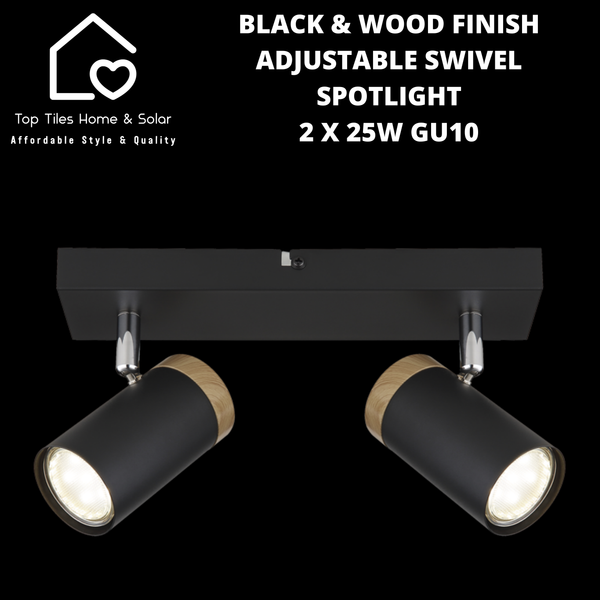 Black & Wood Finish Adjustable Swivel Spotlight - 2 x 25W GU10
