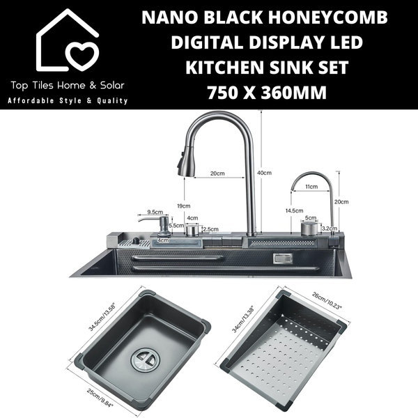 Nano Black Honeycomb Digital Display LED Smart Kitchen Sink Set - 750 x 360mm