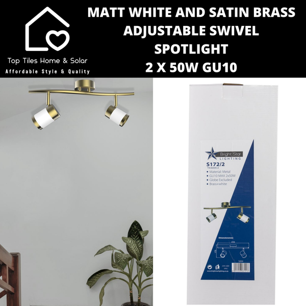 Matt White and Satin Brass Adjustable Swivel Spotlight - 2 x 50W GU10