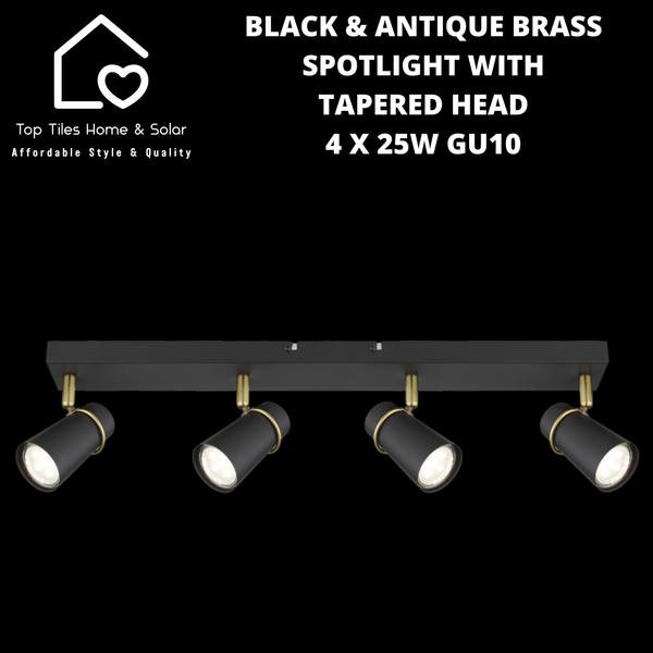 Black & Antique Brass Spotlight with Tapered Head - 4 x 25W GU10