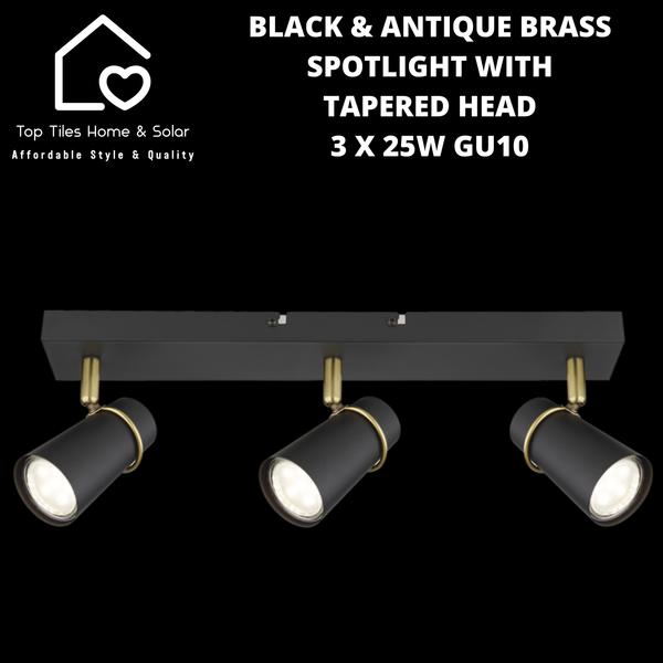 Black & Antique Brass Spotlight with Tapered Head - 3 x 25W GU10