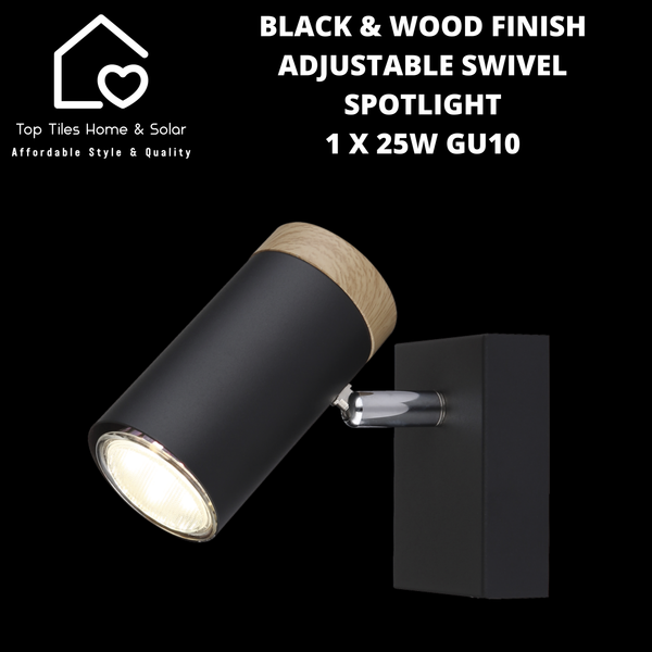 Black & Wood Finish Adjustable Swivel Spotlight - 1 x 25W GU10