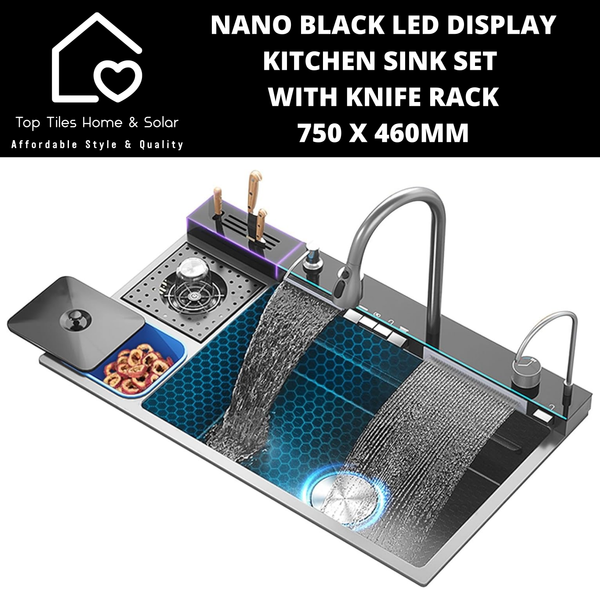 Nano Black LED Smart Display Kitchen Sink Set with Knife Rack - 750 x 460mm