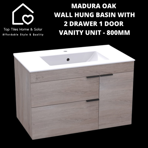 Madura Oak Wall Hung Basin With 2 Drawer 1 Door Vanity - 800mm