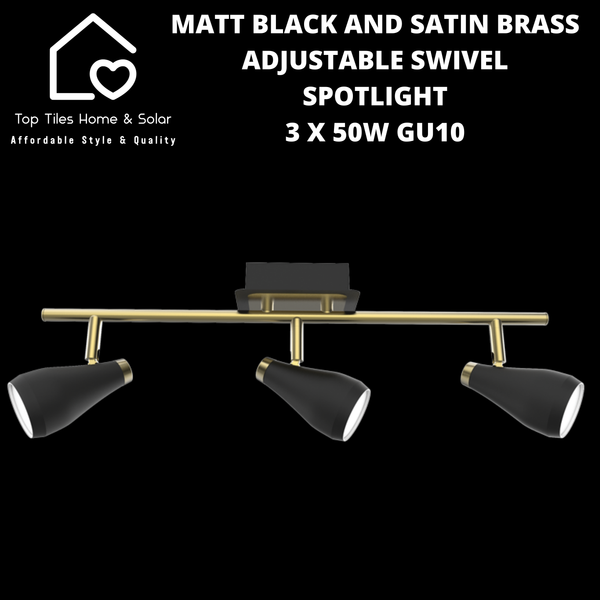 Matt Black and Satin Brass Adjustable Swivel Spotlight - 3 x 50W GU10